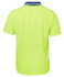 A bright yellow work polo shirt featuring a navy collar and a logo on the back.