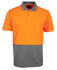 A short-sleeved work polo shirt in bright orange and grey, featuring a pocket and logo.