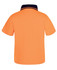 An orange work polo shirt with a navy collar, featuring a logo on the back.