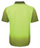 A lime green work polo shirt with a black geometric pattern at the bottom and a collar, featuring a logo.