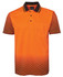 An orange polo shirt with black detailing and a pocket, featuring a diamond pattern on the lower half.