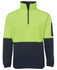A high-visibility polar fleece pullover in bright lime green and navy, featuring a zip neck and a side pocket.