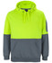 A high-visibility hoodie in bright yellow and grey, featuring a front pocket and a branding logo.