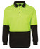 A long-sleeved polo shirt in bright yellow and black, featuring a pocket and a logo.