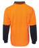 An orange long-sleeve polo shirt with black sleeves and a collar, featuring a logo on the back.