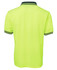 A neon yellow polo shirt featuring a collar with contrasting trim and a logo on the back.