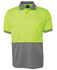 A short-sleeved polo shirt in high visibility lime green with grey accents and a left chest pocket. It features a logo.