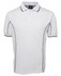A white polo shirt with grey piping, featuring a collar and three buttons, and a logo on the chest.