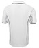 A white polo shirt featuring black piping along the seams, with a collar and short sleeves. It has a logo.