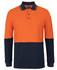 A long-sleeve polo shirt featuring orange and navy colours, with a pocket and a logo.