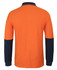 An orange long-sleeve cotton polo shirt with navy blue sleeves and a collar, featuring a logo.