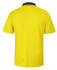 A yellow short-sleeved polo shirt featuring a dark collar and a logo on the back.