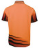 An orange and black work polo shirt featuring a dynamic design with wave patterns and a branding logo.