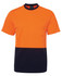 An orange and navy work t-shirt featuring a pocket and a branding logo.