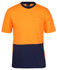 A crew neck cotton T-shirt featuring orange and navy blue colours, with a pocket on the front and a logo.