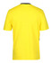 A yellow crew neck cotton T-shirt with a solid colour design and a logo on the side.