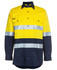 A long-sleeve work shirt in bright yellow and navy with reflective stripes and a logo.