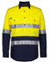 A long-sleeved work shirt featuring a bright yellow and navy colour scheme with reflective stripes and pockets.
