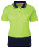 A bright yellow and navy blue ladies' short sleeve polo shirt with a pocket and a logo.