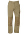 A pair of beige cargo pants with side pockets and reinforced patchwork on the lower legs. Features a small branding logo.
