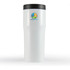A drink bottle in white with a black lid, featuring a circular logo on the front.