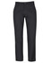 A pair of black trousers made from stretch canvas, featuring a button and zip closure, and styled with pockets.