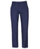 Navy blue trousers made of stretch canvas with a button closure and pockets, featuring a logo.