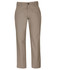 A pair of beige stretch canvas trousers with a button closure and front pockets. Features a branding logo.