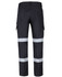 Black cargo pants with reflective tape, featuring multiple pockets and a logo, designed for durability and functionality.
