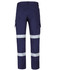 Navy cargo pants with D+N reflective tape, featuring multiple pockets and a logo on the waistband.