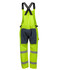 Bright yellow waterproof bib and brace with grey accents and reflective stripes, featuring adjustable straps and pockets.
