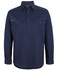 Navy long-sleeve work shirt with two front pockets and a logo. Suitable for workwear.