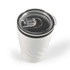 A reusable coffee cup with a sleek white exterior and a clear plastic lid featuring a sliding opening.