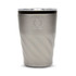 A reusable coffee cup in a sleek silver finish with a swirling design and a transparent lid. Features a logo.