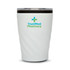 A reusable coffee cup in white with a textured design and a transparent lid, featuring a logo.