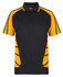 A black and yellow polo shirt with a branded logo and sporty design elements on the sides.