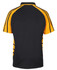 A black and yellow polo shirt featuring a logo, with contrasting stripes on the sides and a classic collar.