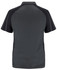 A dark grey polo shirt with black accents, featuring a logo on the back.