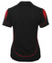 A women's polo shirt in black with red accents, featuring a logo on the back.