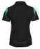 A black polo shirt with green accents, featuring a collar and a logo. Back view displayed.