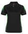 A black polo shirt with green accents and a collar. The shirt features a logo on the upper side.
