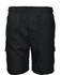 Black kids' cargo shorts featuring side pockets and an elastic waistband. The back view highlights the design and fit.