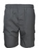 A pair of grey cargo shorts featuring side pockets and an elastic waistband, with a branded logo.