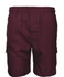 Maroon kids' cargo shorts with an elastic waistband and side pockets. Features a logo on the design.