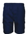 Navy blue kids' cargo shorts with side pockets and an elastic waistband, featuring a brand logo.
