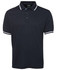 A navy polo shirt with a classic collar and contrasting white stripes on the sleeves. It features a logo on the chest.
