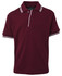A maroon polo shirt with contrasting white collar and sleeve trims, featuring a logo on the label.
