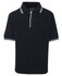A navy polo shirt with contrasting white stripes on the collar and sleeves, featuring a logo.