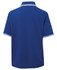 A blue polo shirt with contrasting white stripes on the collar and sleeves, featuring a logo.