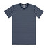 A navy and white striped T-shirt featuring a round neckline and short sleeves. It has a logo on the label.